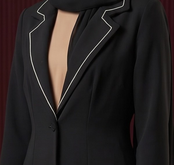 Close-up of a notch lapel with hand-run cream contrast piping on The Line black tailored blazer